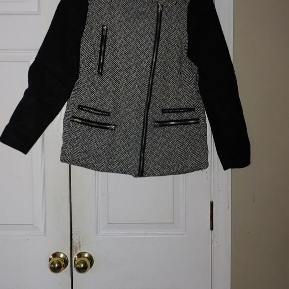 Miss London wool blend moto zip up herringbone jacket Sz L - Picture 2 of 5